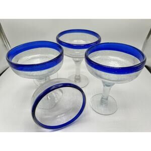 Set of 4 Mexican Glassware Hand Blown Cobalt‎ Blue Rim Margarita Glasses 7x5”